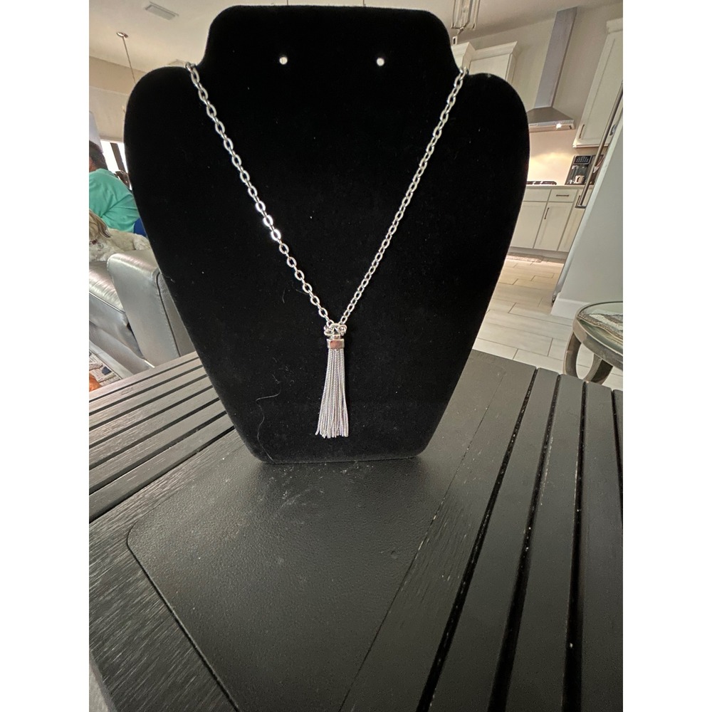 Loft Silver Tone Long Tassel Pendant Necklace Adjustable Chain with Pouch